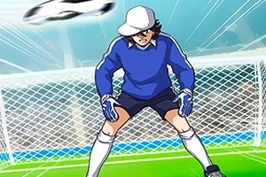 Brankár v modrom úbore sa pripravuje chytiť loptu pred bránkou