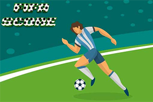Futbalista v modro-bielom drese beží na ihrisku s loptou
