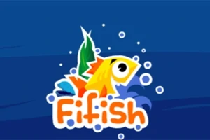 Farebná ilustrácia rybičky s nápisom Fifish na modrom pozadí s bublinami