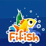 Farebná ilustrácia rybičky s nápisom Fifish na modrom pozadí s bublinami