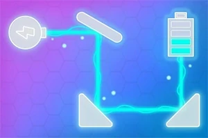 Schéma s žiarovkou, batériou a elektrickým obvodom na modro-fialovom pozadí s hexagonálnym vzorom