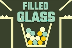 Nádoba naplnená farebnými guľôčkami s nápisom FILLED GLASS nad ňou