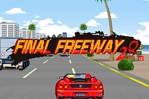 Červené športové auto jazdí po diaľnici s palmami a mrakodrapmi v pozadí, s nápisom Final Freeway 2R v hornej časti