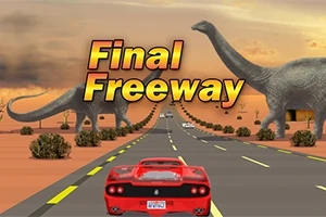 Červené športové auto jazdí po diaľnici s dinosaurami v púštnej krajine a nad ním je veľký nápis