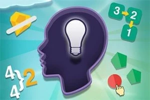Silueta hlavy s žiarovkou, obklopená matematickými symbolmi, číslami a geometrickými tvarmi na farebnom pozadí