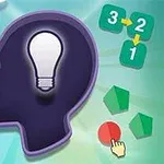Silueta hlavy s žiarovkou, obklopená matematickými symbolmi, číslami a geometrickými tvarmi na farebnom pozadí