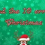 Nápis Find the 10 errors Christmas s vianočnými vločkami a sobom na pozadí