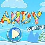 Farebné cukríkové písmená tvoriace slovo CANDY s motívom zimnej krajiny a stredovým symbolom pre prehrávanie