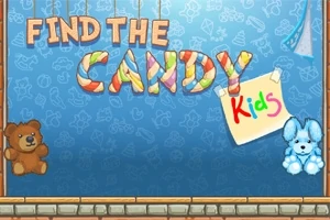 Farebný nápis Find the Candy Kids na modrom pozadí s dekoratívnymi kresbami, medvedíkom a plyšovým zajačikom