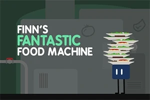 Text FINNS FANTASTIC FOOD MACHINE vedľa modrej postavy držiacej viacero tanierov s jedlom na tmavom pozadí