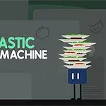 Text FINNS FANTASTIC FOOD MACHINE vedľa modrej postavy držiacej viacero tanierov s jedlom na tmavom pozadí