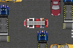 Požiarne auto obklopené stojacimi kamiónmi a osobnými autami na ceste