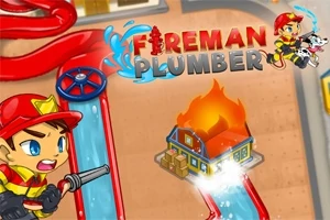 Ilustrácia obsahuje kresleného hasiča, horiaci dom a červené potrubia, s názvom Fireman Plumber v hornej časti
