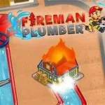 Ilustrácia obsahuje kresleného hasiča, horiaci dom a červené potrubia, s názvom Fireman Plumber v hornej časti