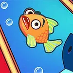 Animovaná oranžová rybka s vystrašeným výrazom a bublinami okolo nej v modrom prostredí s kotúčom a loďou