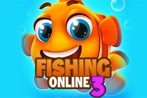 Usmievavá oranžová ryba s veľkými očami na modrom pozadí s bublinami a nápisom Fishing Online 3