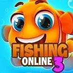 Usmievavá oranžová ryba s veľkými očami na modrom pozadí s bublinami a nápisom Fishing Online 3