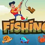 Kreslený rybár drží udicu nad nápisom FISHING