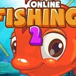 Obrázok zobrazuje veľkú červenú rybku s výraznými očami na modrom podvodnom pozadí s rastlinami a textom Fishing 2