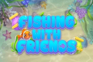 Svetlomodrý nadpis Fishing with Friends s kreslenou rybkou a podmorskými motívmi na pozadí