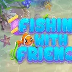 Svetlomodrý nadpis Fishing with Friends s kreslenou rybkou a podmorskými motívmi na pozadí