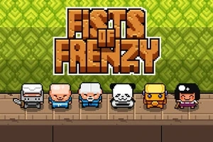Päť kreslených postavičiek stojacich na drevenej podlahe pred zelenou stenou so slovami Fists of Frenzy nad nimi