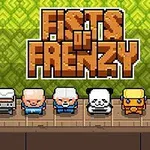 Päť kreslených postavičiek stojacich na drevenej podlahe pred zelenou stenou so slovami Fists of Frenzy nad nimi
