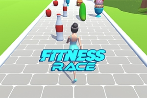 Žena bežiaca po ceste s prekážkami v tvare fliaš, jabĺk a zmrzliny, s nápisom Fitness Race na vrchu