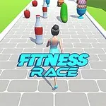 Žena bežiaca po ceste s prekážkami v tvare fliaš, jabĺk a zmrzliny, s nápisom Fitness Race na vrchu