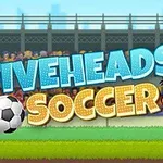 Dve kreslené hlavy s futbalovou loptou pred tribúnou so sediacimi divákmi a nápisom Fiveheads Soccer