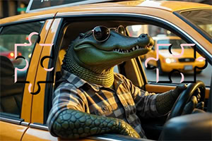 Fix Da Brainrot Krokodíl v károvanej košeli a slnečných okuliaroch sedí za volantom žltého taxíka