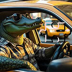 Fix Da Brainrot Krokodíl v károvanej košeli a slnečných okuliaroch sedí za volantom žltého taxíka