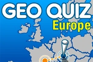 Text „GEO QUIZ Europe“ na modrom pozadí s mapou Európy