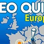 Text „GEO QUIZ Europe“ na modrom pozadí s mapou Európy