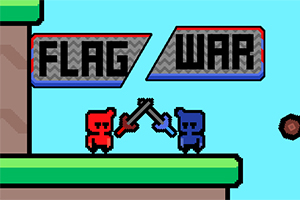Dvaja pixeloví bojovníci, červený a modrý, na zelenej plošine si vymieňajú údery s nápisom FLAG WAR nad nimi