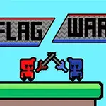 Dvaja pixeloví bojovníci, červený a modrý, na zelenej plošine si vymieňajú údery s nápisom FLAG WAR nad nimi