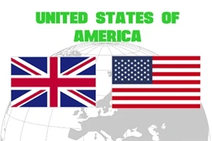 Dve vlajky, britská a americká, na svetlom pozadí s nápisom UNITED STATES OF AMERICA v zelenom