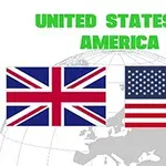Dve vlajky, britská a americká, na svetlom pozadí s nápisom UNITED STATES OF AMERICA v zelenom
