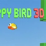 Farebný pixelový vtáčik letí na modrej oblohe s nápisom FLAPPY BIRD 3D v hornej časti