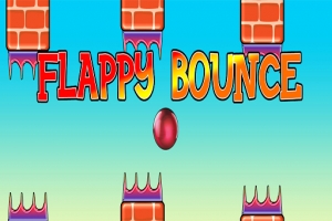 Farebný gradient pozadia s nápisom FLAPPY BOUNCE uprostred a červenou loptičkou medzi tehličkovými prekážkami