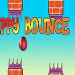 Farebný gradient pozadia s nápisom FLAPPY BOUNCE uprostred a červenou loptičkou medzi tehličkovými prekážkami