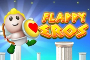 Usmievajúca sa postavička s krídlami a štítom s červeným srdcom stojí na gréckeho stĺpe pod textom Flappy Eros na modrom pozadí