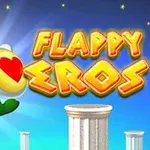 Usmievajúca sa postavička s krídlami a štítom s červeným srdcom stojí na gréckeho stĺpe pod textom Flappy Eros na modrom pozadí