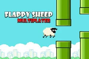 Pixelová ovečka letí medzi zelenými rúrami na modrej oblohe s textom Flappy Sheep Multiplayer v pozadí