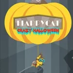 Žltá tekvica s nápisom „Happy Cat Crazy Halloween“ a mačka s modrými okuliarmi visí pod ňou