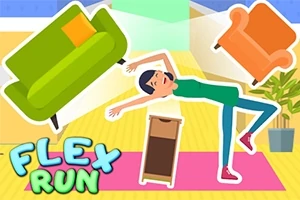 Osoba sa prehýba dozadu cez prekážky v miestnosti s nábytkom a textom FLEX RUN
