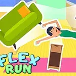 Osoba sa prehýba dozadu cez prekážky v miestnosti s nábytkom a textom FLEX RUN