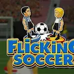 Dvaja kreslení futbalisti stoja na protiľahlých stranách lopty s nápisom Flicking Soccer v popredí