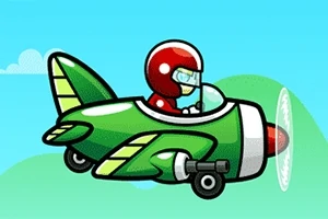 Rýchlo letiace zelené lietadlo s pilotom v červenej helme na modrom pozadí s oblakmi