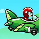 Rýchlo letiace zelené lietadlo s pilotom v červenej helme na modrom pozadí s oblakmi